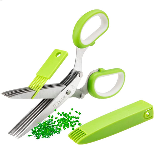 Multipurpose Sharp Kitchen Herb Cutter Shears - Herb Scissors with 5 Stainless Steel Blades, Safety Cover, Cleaning Comb