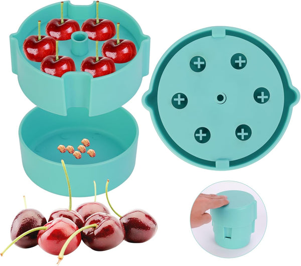 Cherry Pitter - Portable Corer Tool for Pitting up to 6 Cherries at Once, Dishwasher Safe ABS Construction, Blue
