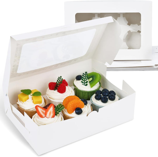 6PCS White Cupcake Containers, Cupcake Carrier 6 Count with Window Boxes for 36 Pastries, Bakery Supplies