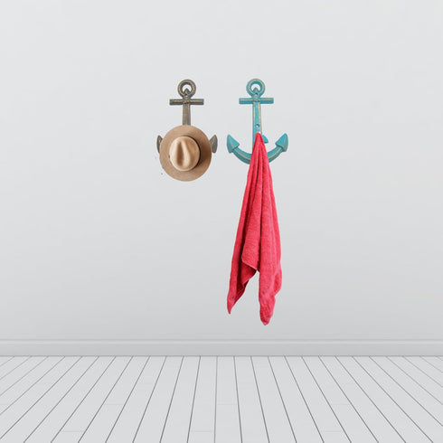 Distressed Blue and Green Anchor Wall Hooks, Set of 2, Nautical Decor, Coastal Interior Design, 7.5 Inches