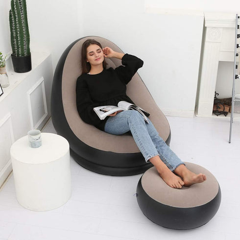 iayokocc Inflatable Lounge Chair for Adults, Folding Portable Lazy Sofa with Foot Stool Lazy Flocking Recliner Chair
