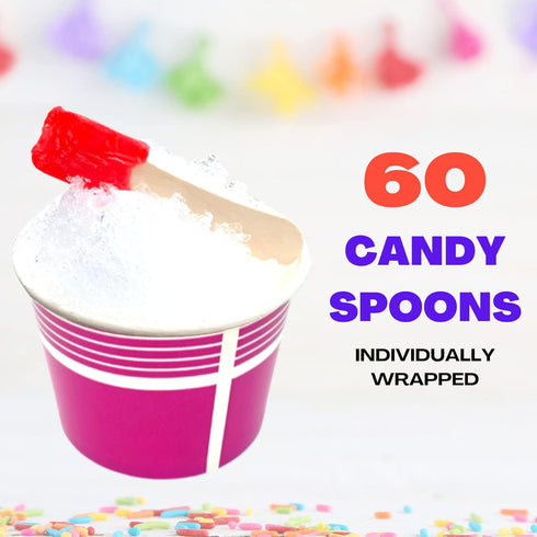 Pack of 60 4" Candy Spoons (20 Grape, 20 Green Apple 20 Cherry) - Perfect for Snow Cones, Ice Cream, Birthday Parties, Desserts