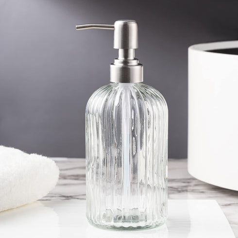 Easy-Tang Glass Hand Soap Dispenser - Silver Pump Refillable Bottle for Bathroom Kitchen Decor, 18 OZ