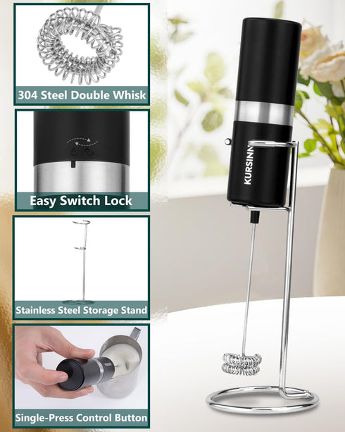Powerful Milk Frother Handheld Battery Operated, Double Whisk Foam Frother Maker with Stainless Steel Stand, Drink Mixer For Coffee, Lattes, Matcha, Cappuccino (13000RPM Battery Operated) by Kursinna