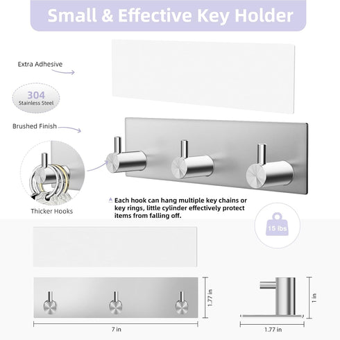 VIS'V Wall Mount Key Holder, Silver Self Adhesive Key Hanger with 3 Hooks, Key Rack for Entryway Hallway