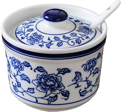 Retro Ceramic Blue and White Sugar Bowl, Seasoning Pot Storage Jar with Lid