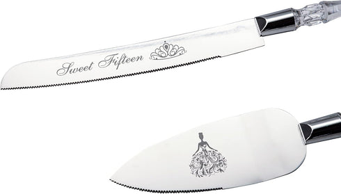 Sweet Fifteen 15 Quinceanera Cake Serving and Knife Set, Mis Quince Años Birthday Cake Cutting Set, Feliz 15 Anos Decoration, Acrylic Handle, Stainless Steel, Silver by Lassos Boutique
