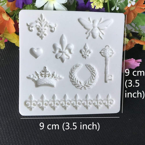 2PCS Silicone Fondant Cake Decorating Mold for Chocolate, Baking, Sugar Craft, Soap, Cupcake - Bee Crown Key Mirror