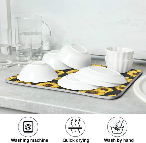 Yellow Sunflower Dish Drying Mat, 18x24 inch Floral Kitchen Counter Protector for Dishes and Bottles