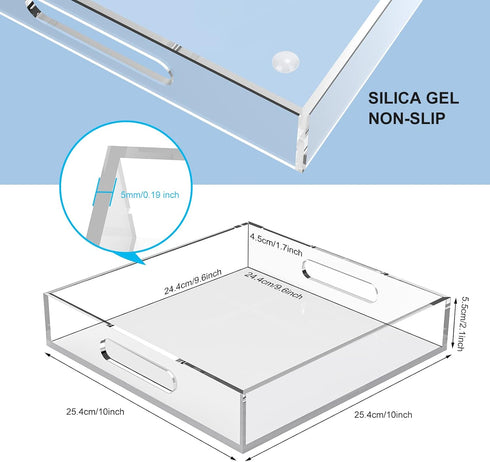 Cilinta 10"x10" Home Decorative Coffee Table Tray, Elegant Acrylic Serving Trays with Handles Works for Eating