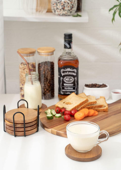 Set 6, 4 Inch WLWNWFT Wood Coasters for Drinks Tabletop Protection with Holder of Acacia Wooden Coaster for Coffee