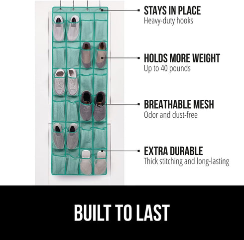 Gorilla Grip Slip Resistant Breathable Space Saving Mesh Large 24 Pocket Shoe Organizer, Up to 40 Pounds, Over the Door, Sturdy Closet Storage Rack Hangs on Closets for Shoes, Sneakers, Turquoise by Gorilla Grip