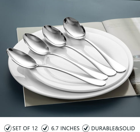SANTUO Stainless Steel Teaspoon Set (12 Piece) - 6.7" Dessert Spoons, Mirror Finish, Dishwasher Safe
