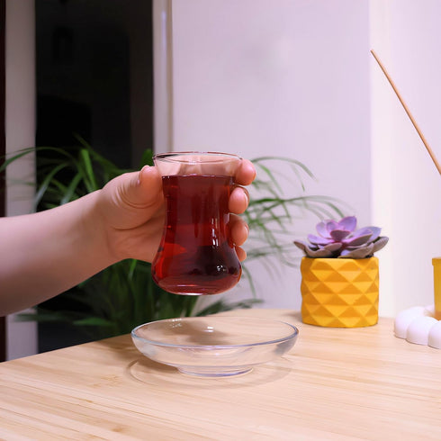 ums Turkish Tea Glass Set, Slim Waist Design, 12 Pieces for 6 People, Includes Glasses & Saucers
