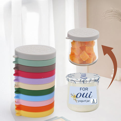 24 Pack 5 oz KIKINIKO Oui Yogurt Jar Lids - Oui Silicone Lids for Oui Yogurt Glass Jars,with Oui Yogurt Bottle Label