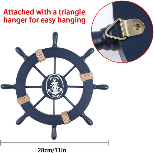 MDLUU Wooden Nautical Ship Steering Wheel, 11" Navy Blue Helm Wheel, Small Ship Rudder and Anchor Wall Decor Set