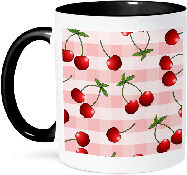 3dRose Juicy Red Cherries on Pink Check-Two Tone Black Mug, 11-Ounce, Multicolored