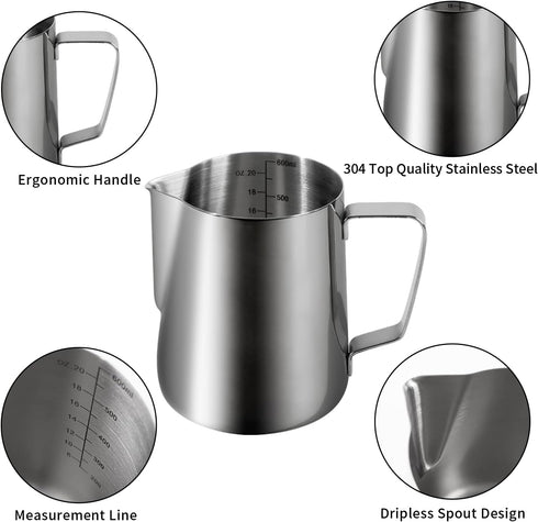 20oz 600ml Milk Frothing Pitcher, Large Capacity Stainless Steel Milk Coffee Cappuccino Latte Art Jug with Latte Art Pen