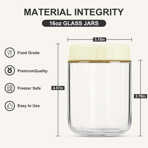 16oz 8 SHOWIN Overnight Oats Containers with Lids, Glass Jars with Lids pcs, Milk White, Wide Mouth Mason jars
