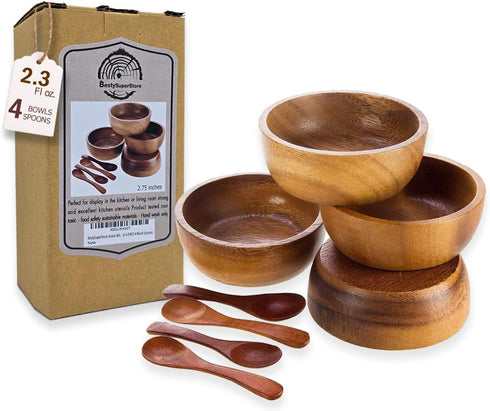 Set of 4 Small Round Acacia Wooden Bowls, 2¾ Inch with Spoons - Stackable Mixing Bowl Set