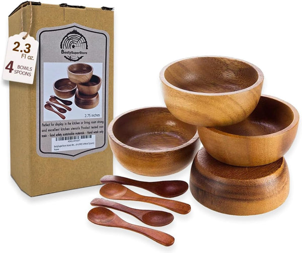 Set of 4 Small Round Acacia Wooden Bowls, 2¾ Inch with Spoons - Stackable Mixing Bowl Set