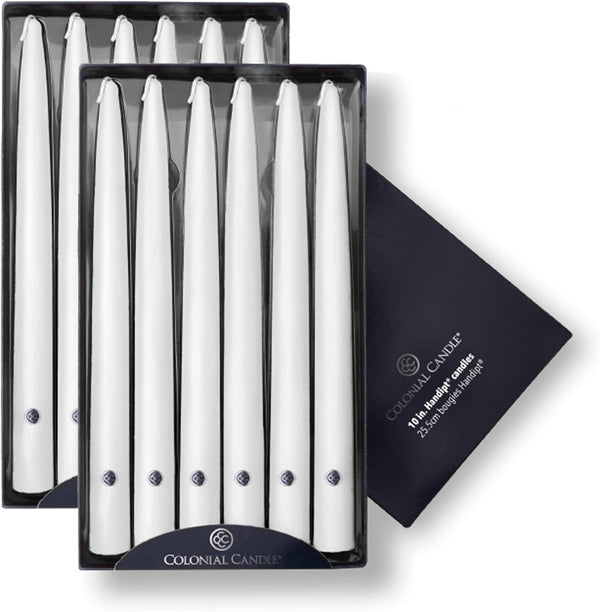 Colonial Candle Handipt Taper Candle, 10 in, White, 12 Count