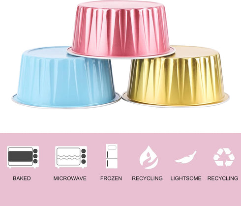 EUSOAR Mini Aluminum Pans with Lids, Pack of 30 Gold Bule Red 5oz Disposable Aluminum Foil Cupcake Liners Ramekins Baking Cups, Dessert Cups with Lids Aluminum Cheesecake Pan Creme Brulee Ramekins by EUSOAR