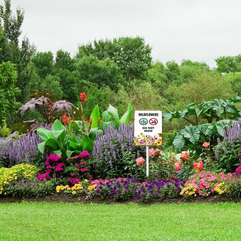 Wildflowers Do Not Mow Metal Yard Sign (7x8.8) with Stake for Lawn Garden Farm Decor, No Mow Lawn Sign