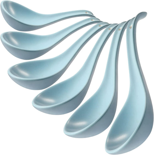 Blue Ceramic Soup Spoons Set of 6, 6.75 inch Chinese Ramen Spoons for Pho, Cereal, Noodles, Stews, Dishwasher Safe