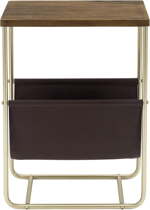 MyGift Living Room Side Table, Dark Brown Burnt Wood End Table and Brass Tone Metal Frame with Leatherette Magazine