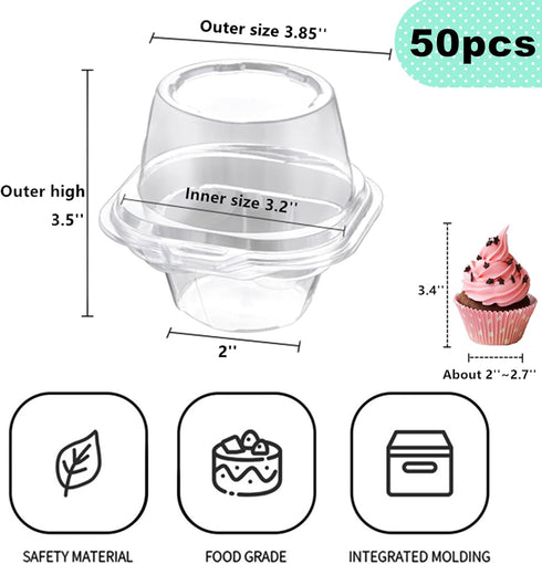 i-CHONY Individual Cupcake Holder - Clear Plastic Dome Single Cupcake Carrier Boxes (50pcs)