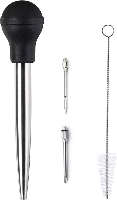 Stainless Steel Turkey Baster with Cleaning Brush - Food Grade Basting Syringe with 2 Marinade Injector Needles, Black