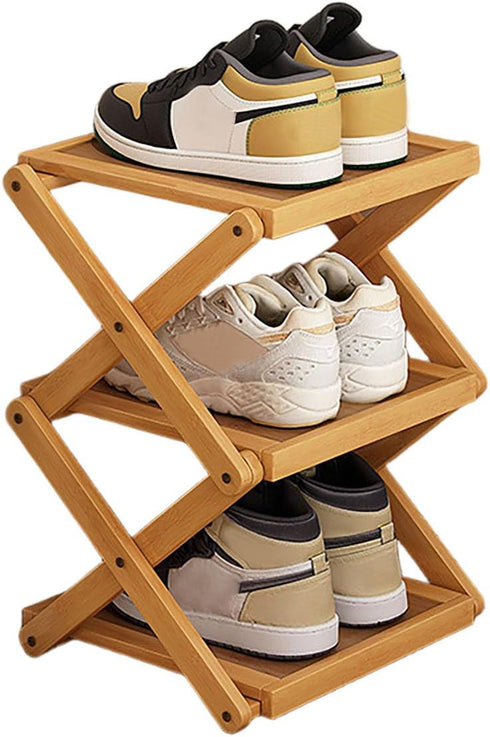 3 Tier Foldable Shoe Rack, Natural Bamboo Space Saving Shoe Storage Organizer,Easy