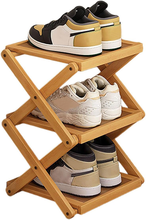 3 Tier Foldable Shoe Rack, Natural Bamboo Space Saving Shoe Storage Organizer,Easy