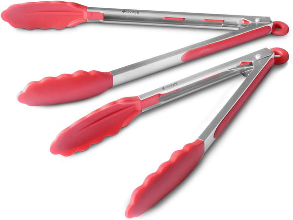 MEKBOK Kitchen Tongs Set - Stainless Steel Salad & Grill Tongs with Silicone Tips, 9" & 12" (Red)