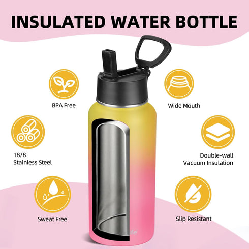 Insulated Water Bottle With Straw, 32 oz Vacuum Stainless Steel Flask with 2 Lids & Straws, Metal for Gym Travel