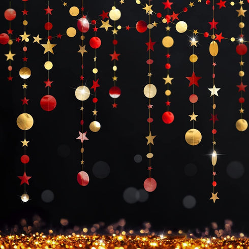 Cheerland Gold Red Star Garland Party Decorations, Burgundy Circle Dots Moon Hanging Backdrop for Birthdays