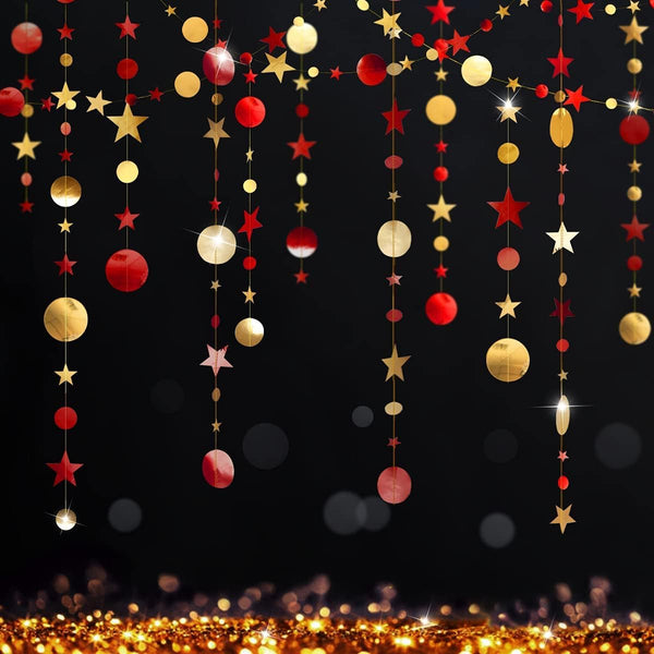 Cheerland Gold Red Star Garland Party Decorations, Burgundy Circle Dots Moon Hanging Backdrop for Birthdays