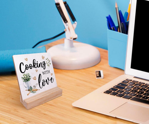 Cooking with Love Wood Plaque, Rustic Kitchen Sign Desk Decor for Home Kitchen Table Shelf Decoration