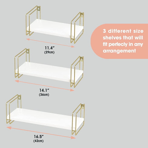 Set 3 MK696C J JACKCUBE DESIGN White Wood Floating Shelves, of Wall Mounted Hanging Shelves with Gold Wire Frames
