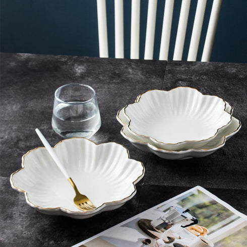 Porcelain Serving Dish, Ceramics Flower Relish Tray with Metallic Rim, 6.6 inch White