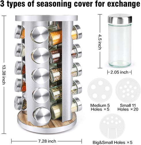 Spice Rack Organizer with Jars for Cabinet, 20Pcs Revolving Seasoning Organizer, Stainless Steel/Wooden