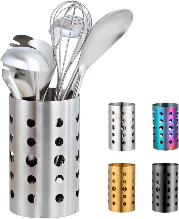 Stainless Steel Kitchen Utensil Holder (H6.7” x W4.1”), Caddy for Spatulas, Spoons, Silverware & More, Kitchen Decor