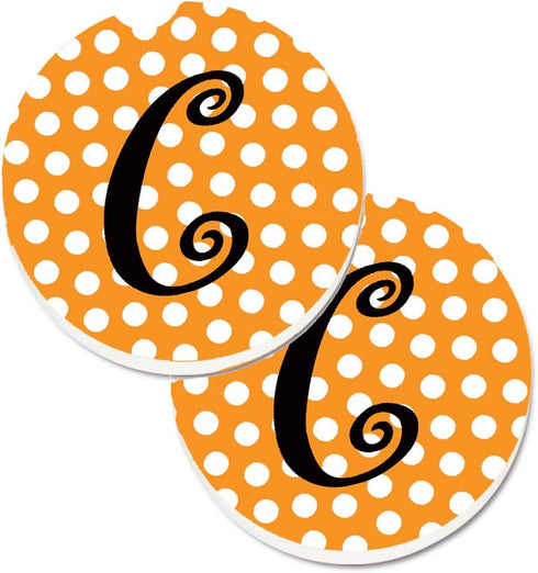Caroline's Treasures CJ1033-CCARC Set of 2 Orange Polkadots Letter C Initial Monogram Car Coasters, Large