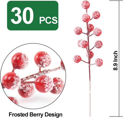 Feitore 30 Pack 8.9" Snow Frosted Red Berry Stems Holly Frosted Berry Picks Snowy Artificial Red Berries for Christmas