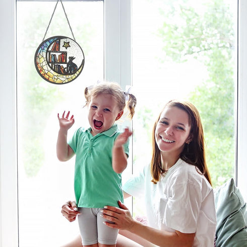 Iznomo Cat Suncatcher - Sun Catchers Indoor Window, Celestial Stained Glass Window Hanging Decor with Star & Bookshelf