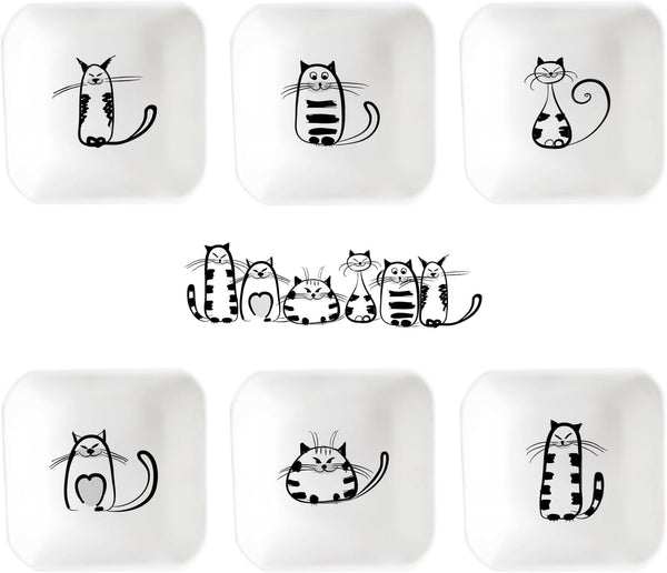 BigNoseDeer Super Cute Cat Ceramic Sauce Dish, Mini Side Seasoning Dish, Snack Serving Dishes, Set of 6 Meow Porcelain