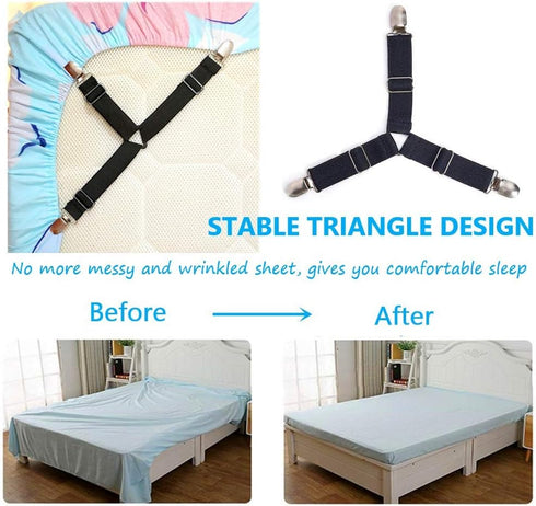 Sheet Straps Clip Triangle: 2-Set Elastic Fitted Bedding Sheet Fasteners Holder for Bed Band Crib Mattress Pad
