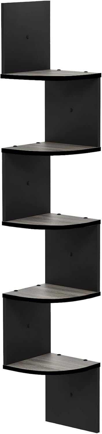 5-Tier Furinno Rossi Wall Mount Floating Corner Shelf, Radial, French Oak Grey/Black