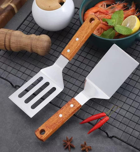 2 PCS Metal Spatula for Cast Iron Skillet, Stainless Steel Slotted Turner with Wood Handle, Flat Top Grill Spatulas